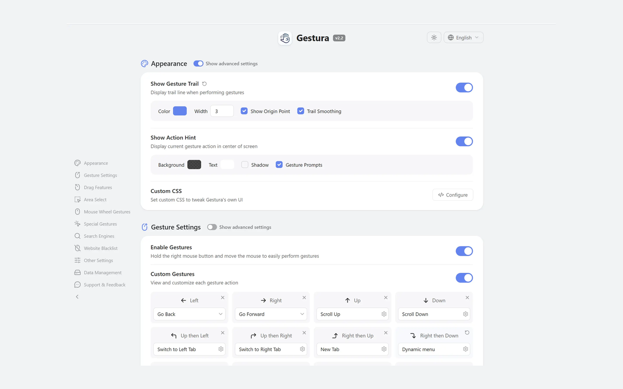 Settings overview — appearance and gestures