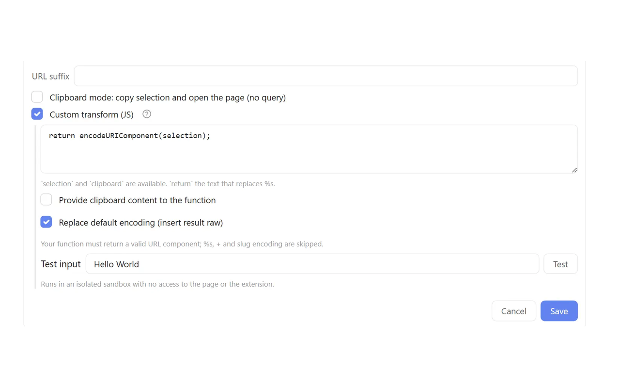 Per-link JavaScript transforms (sandboxed)